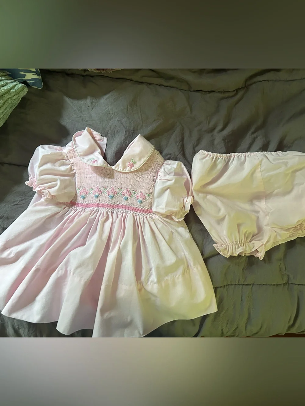 Vintage A Little Angel Pink Flowered Smocked Dress and Bloomers